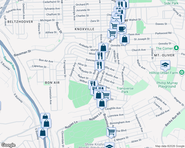 map of restaurants, bars, coffee shops, grocery stores, and more near in Pittsburgh