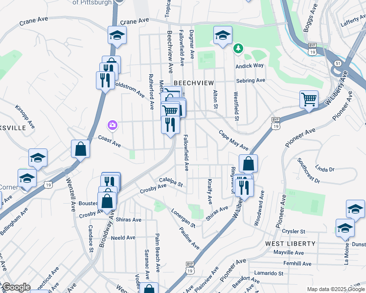 map of restaurants, bars, coffee shops, grocery stores, and more near 1709 Fallowfield Avenue in Pittsburgh