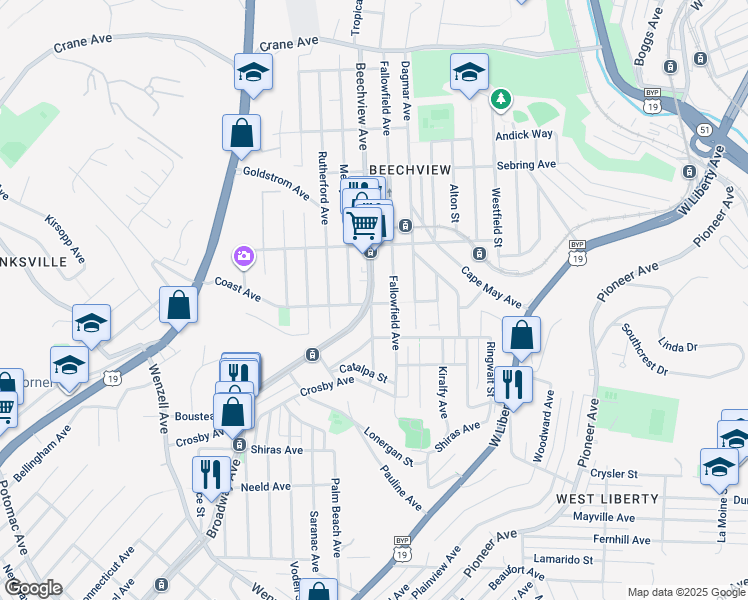 map of restaurants, bars, coffee shops, grocery stores, and more near 1700 Broadway Avenue in Pittsburgh