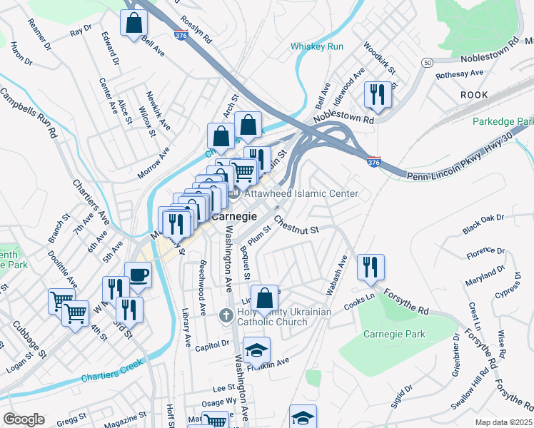 map of restaurants, bars, coffee shops, grocery stores, and more near 400 Lydia Street in Carnegie