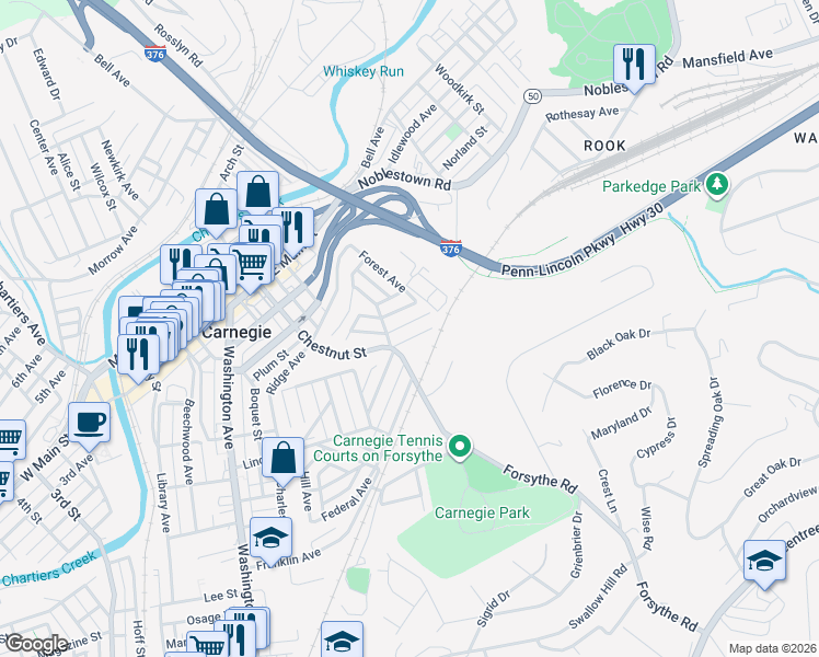 map of restaurants, bars, coffee shops, grocery stores, and more near 618 Henry Lane in Carnegie
