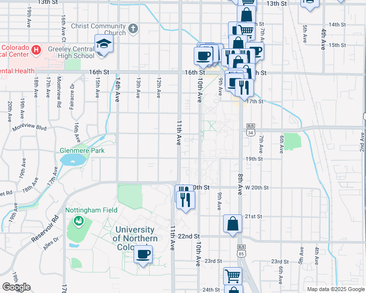 map of restaurants, bars, coffee shops, grocery stores, and more near 1852 11th Avenue in Greeley