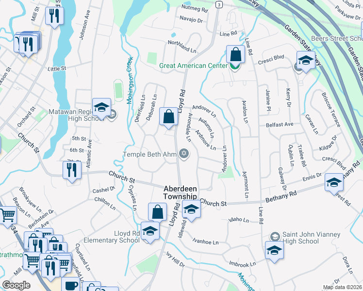 map of restaurants, bars, coffee shops, grocery stores, and more near 69 Avondale Lane in Monmouth County