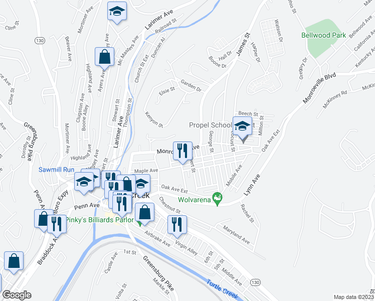 map of restaurants, bars, coffee shops, grocery stores, and more near 1110 Monroeville Avenue in Turtle Creek