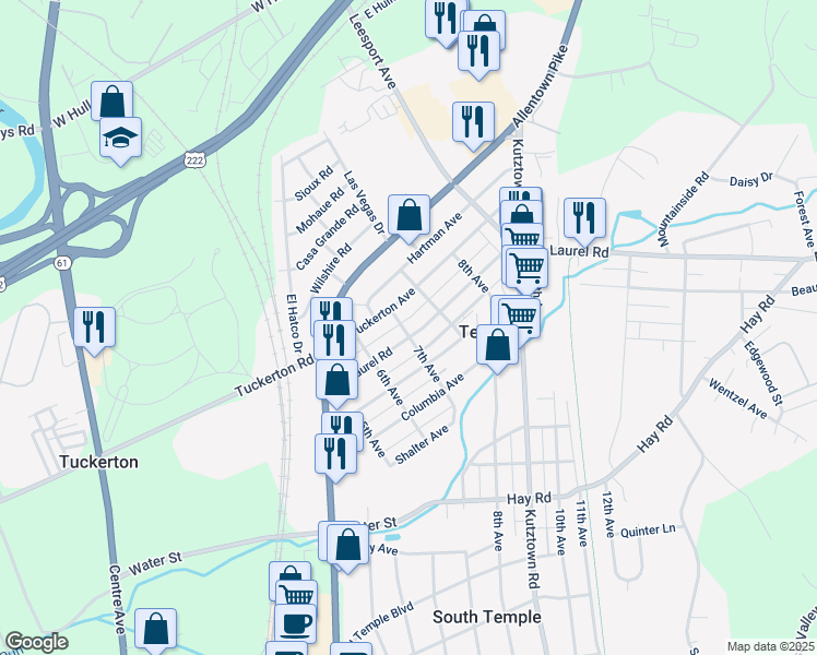map of restaurants, bars, coffee shops, grocery stores, and more near 701 Mount Laurel Avenue in Temple