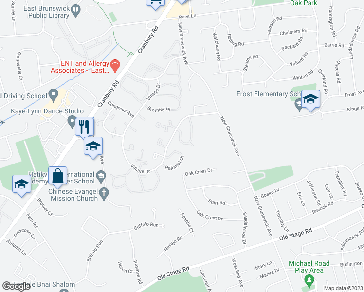 map of restaurants, bars, coffee shops, grocery stores, and more near 341 McDowell Drive in East Brunswick
