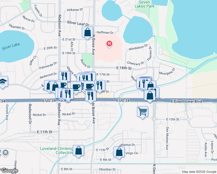 map of restaurants, bars, coffee shops, grocery stores, and more near 1505 Snowy Range Court in Loveland
