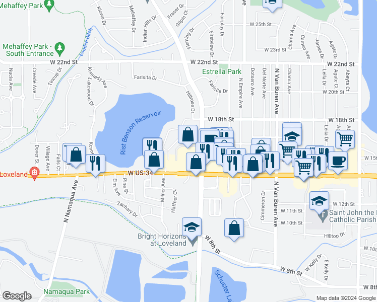 map of restaurants, bars, coffee shops, grocery stores, and more near 2665 West Eisenhower Boulevard in Loveland