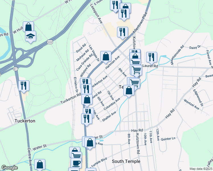 map of restaurants, bars, coffee shops, grocery stores, and more near 705 Mount Laurel Avenue in Temple