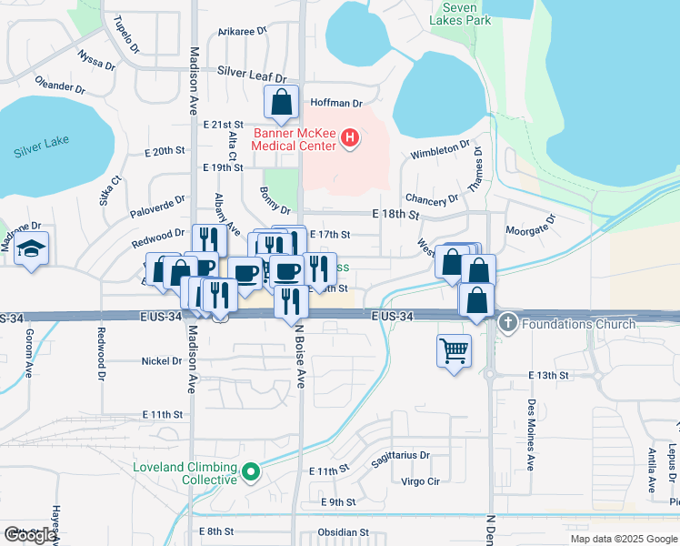 map of restaurants, bars, coffee shops, grocery stores, and more near 1761 Kokanee Court in Loveland