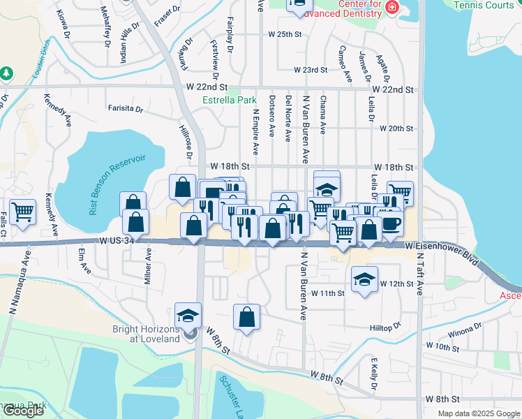 map of restaurants, bars, coffee shops, grocery stores, and more near 1604 Empire Avenue in Loveland