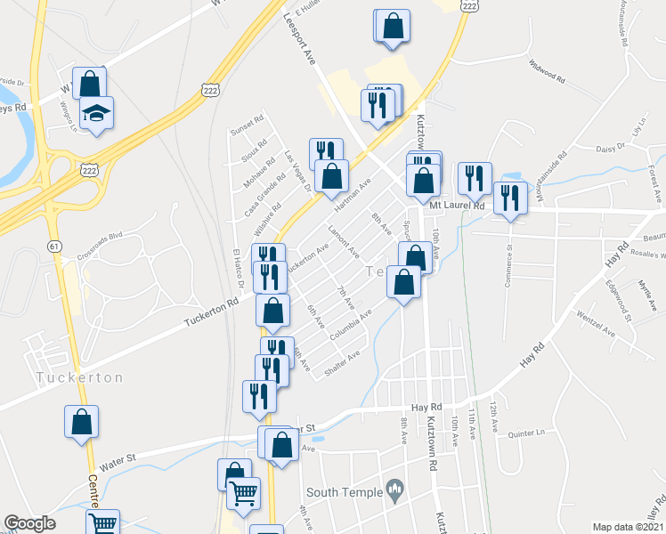 map of restaurants, bars, coffee shops, grocery stores, and more near 705 Mount Laurel Avenue in Temple