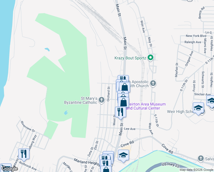 map of restaurants, bars, coffee shops, grocery stores, and more near 3024 Orchard Street in Weirton