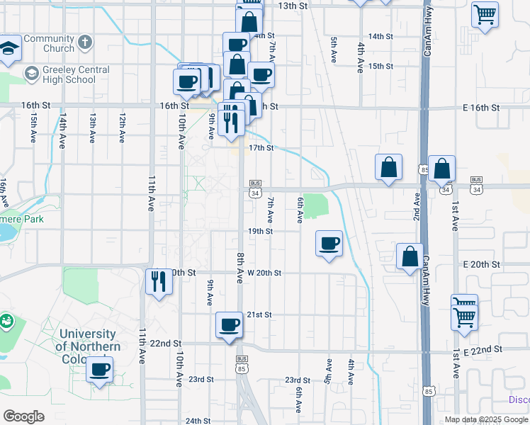 map of restaurants, bars, coffee shops, grocery stores, and more near 1837 7th Avenue in Greeley
