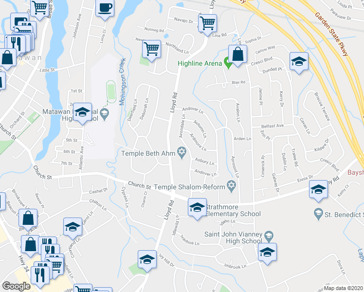 map of restaurants, bars, coffee shops, grocery stores, and more near 69 Avondale Lane in Monmouth County