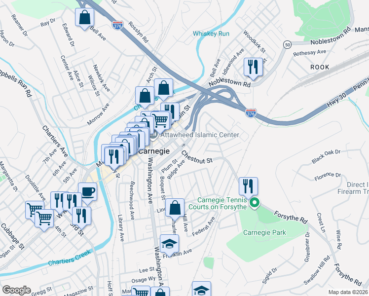 map of restaurants, bars, coffee shops, grocery stores, and more near 535 Chestnut Street in Carnegie