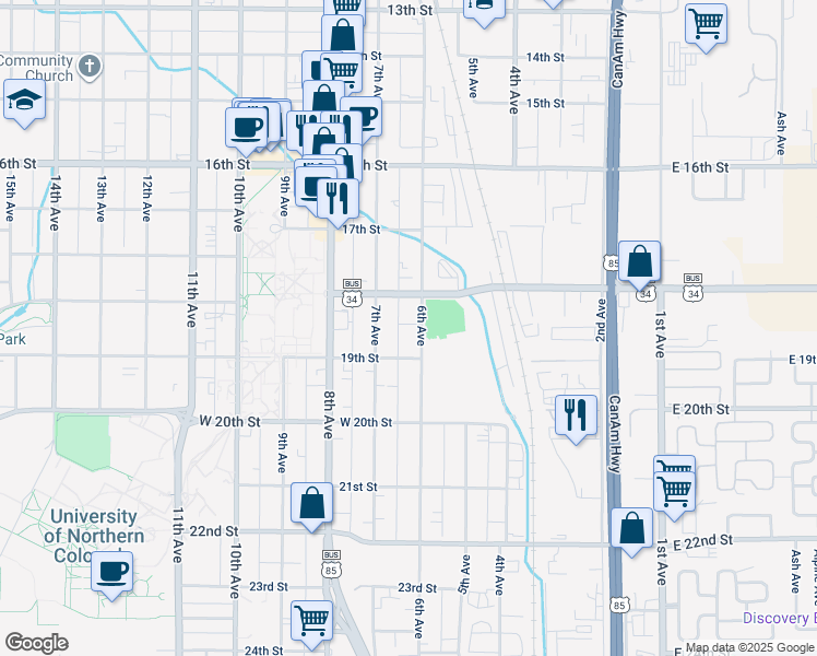 map of restaurants, bars, coffee shops, grocery stores, and more near 1839 6th Avenue in Greeley