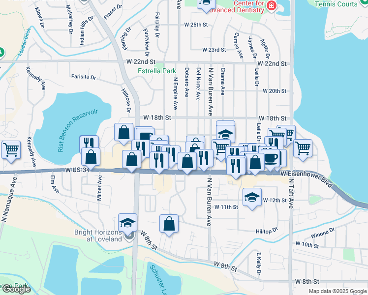 map of restaurants, bars, coffee shops, grocery stores, and more near 1503 Dotsero Avenue in Loveland