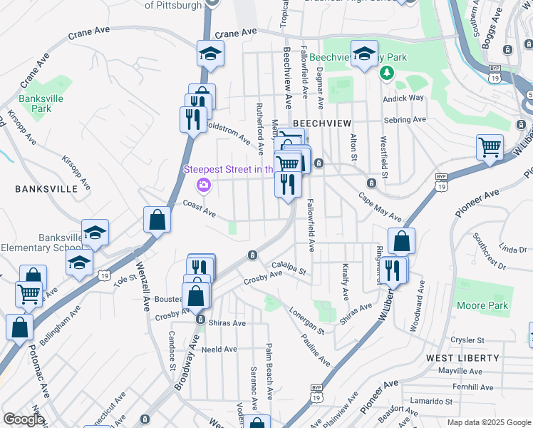 map of restaurants, bars, coffee shops, grocery stores, and more near 1702 Rutherford Avenue in Pittsburgh