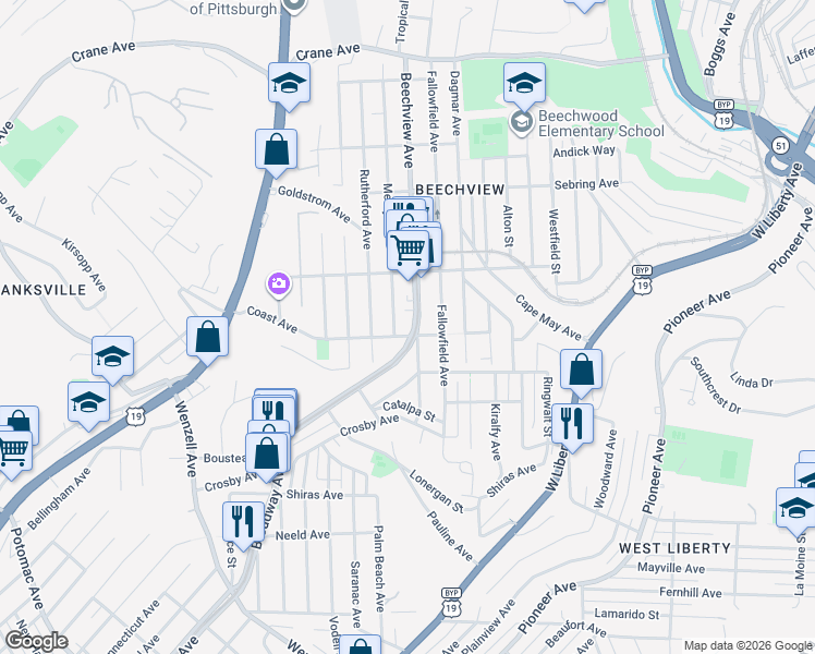 map of restaurants, bars, coffee shops, grocery stores, and more near 1656 Broadway Avenue in Pittsburgh