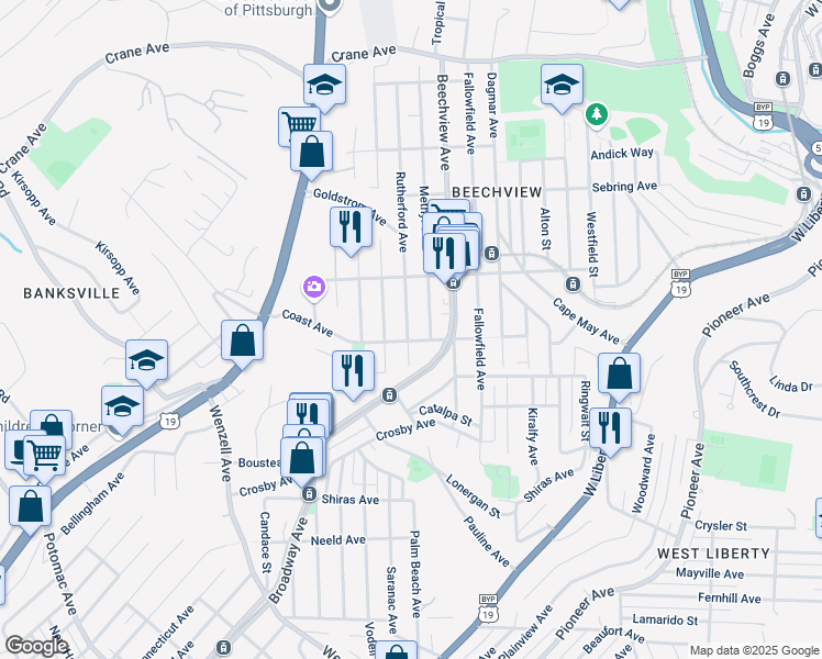 map of restaurants, bars, coffee shops, grocery stores, and more near 1702 Rutherford Avenue in Pittsburgh