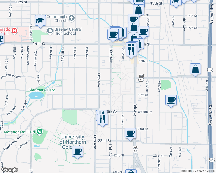 map of restaurants, bars, coffee shops, grocery stores, and more near 1851 10th Avenue in Greeley