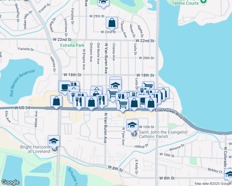map of restaurants, bars, coffee shops, grocery stores, and more near 1811 West 15th Street in Loveland