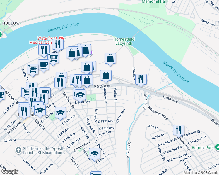 map of restaurants, bars, coffee shops, grocery stores, and more near 711 East 9th Avenue in Munhall