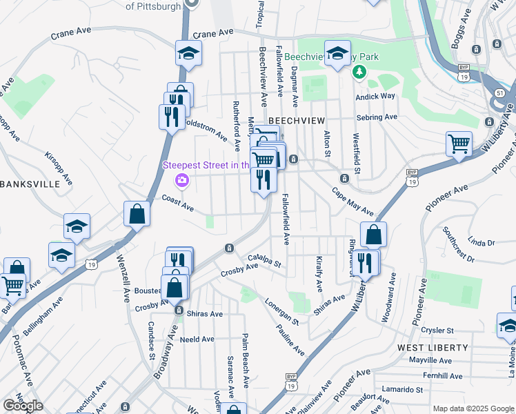 map of restaurants, bars, coffee shops, grocery stores, and more near 1635 Methyl Street in Pittsburgh