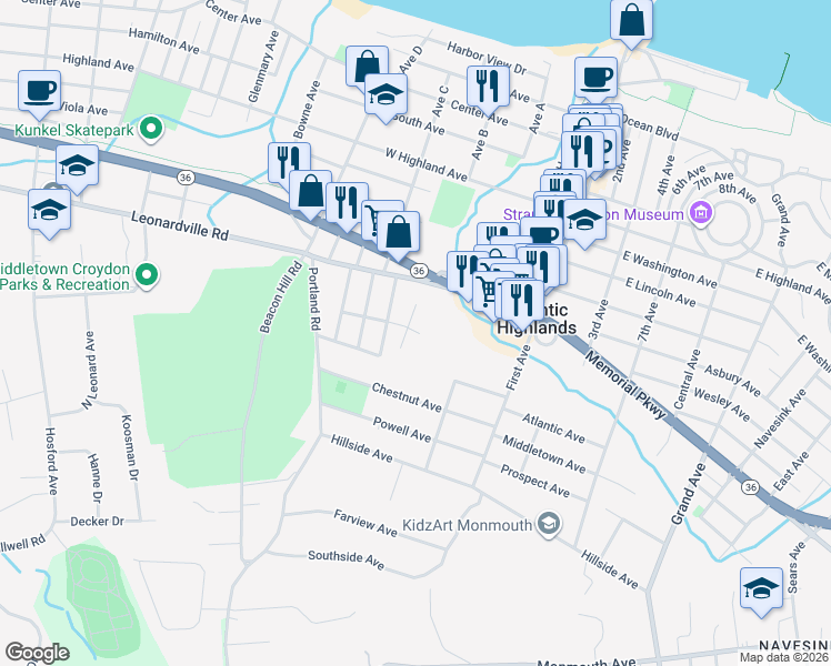 map of restaurants, bars, coffee shops, grocery stores, and more near 58 Oakland Avenue in Atlantic Highlands