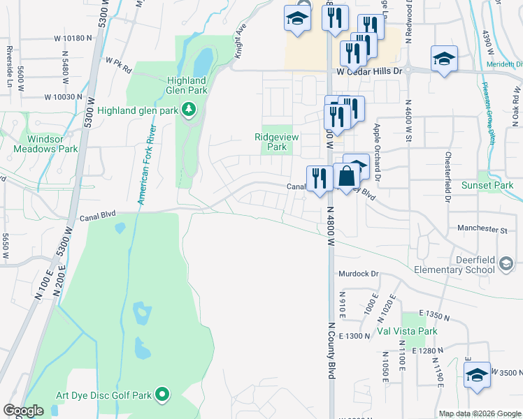 map of restaurants, bars, coffee shops, grocery stores, and more near 4979 West Willowbank Drive in Highland