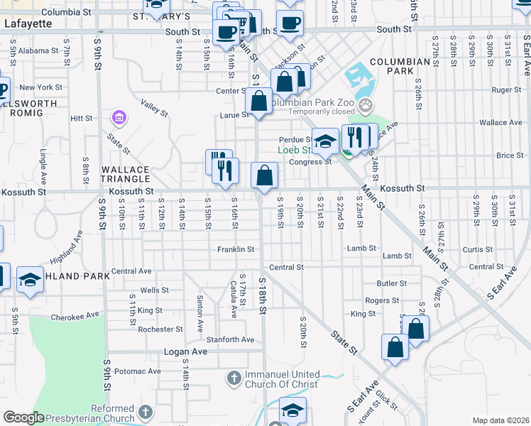 map of restaurants, bars, coffee shops, grocery stores, and more near 822 South 18th Street in Lafayette