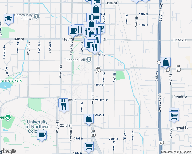 map of restaurants, bars, coffee shops, grocery stores, and more near 1838 8th Avenue in Greeley