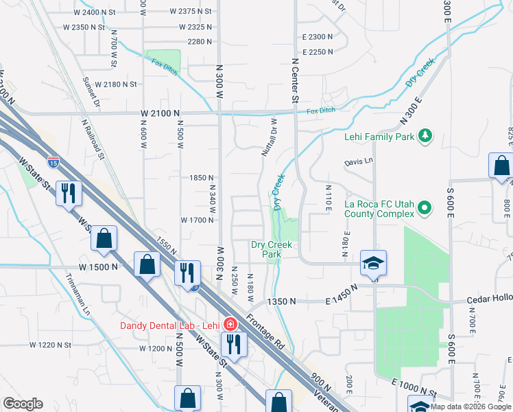 map of restaurants, bars, coffee shops, grocery stores, and more near 125 West 1700 North in Lehi
