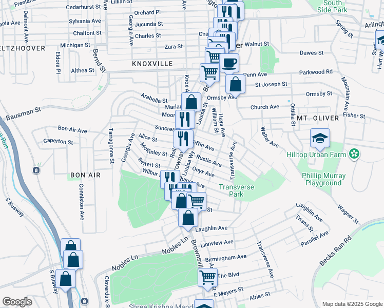 map of restaurants, bars, coffee shops, grocery stores, and more near 101 Onyx Avenue in Pittsburgh