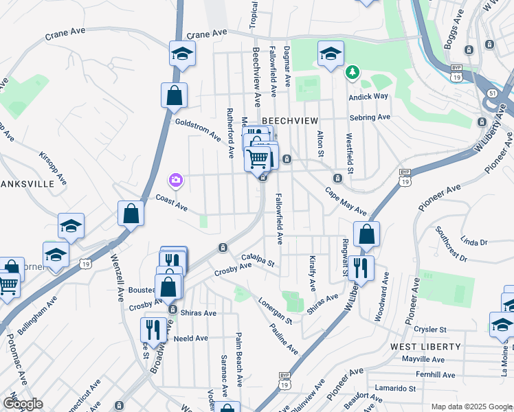 map of restaurants, bars, coffee shops, grocery stores, and more near 1700 Broadway Avenue in Pittsburgh