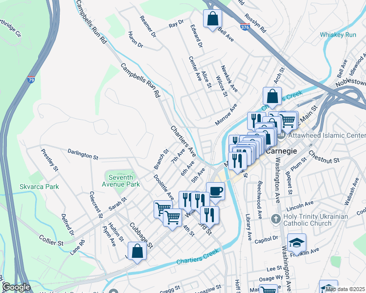 map of restaurants, bars, coffee shops, grocery stores, and more near 120 7th Avenue in Carnegie