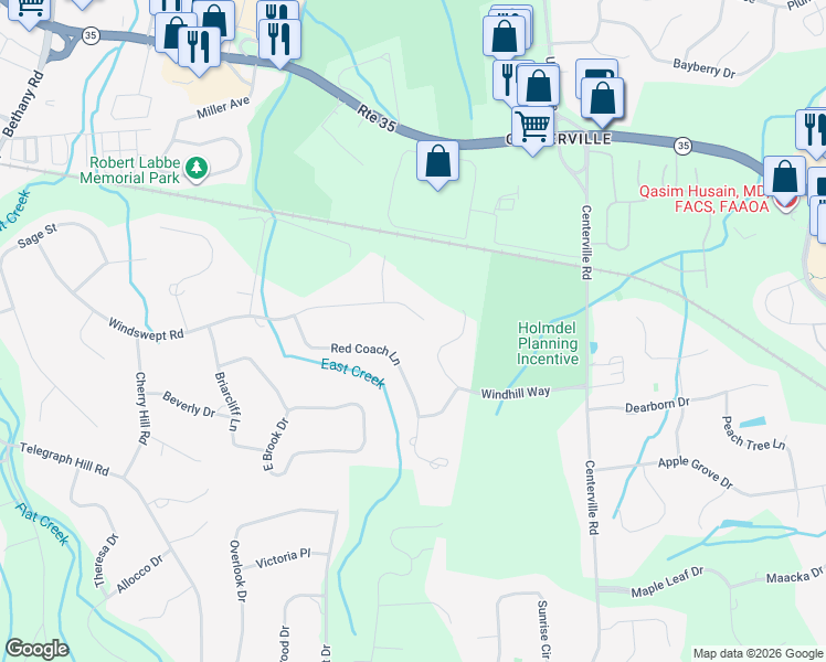 map of restaurants, bars, coffee shops, grocery stores, and more near 27 Windhill Way in Holmdel