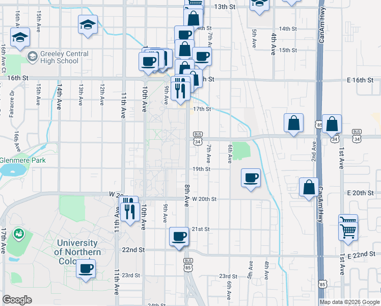 map of restaurants, bars, coffee shops, grocery stores, and more near 1838 8th Avenue in Greeley