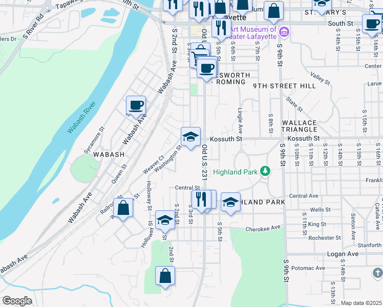 map of restaurants, bars, coffee shops, grocery stores, and more near 700 South 4th Street in Lafayette