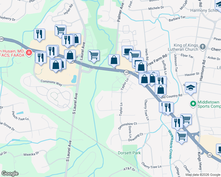 map of restaurants, bars, coffee shops, grocery stores, and more near 23 Burdge Drive in Monmouth County