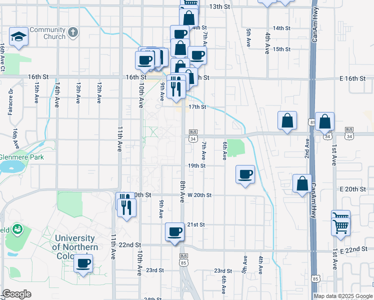 map of restaurants, bars, coffee shops, grocery stores, and more near 1822 8th Avenue in Greeley