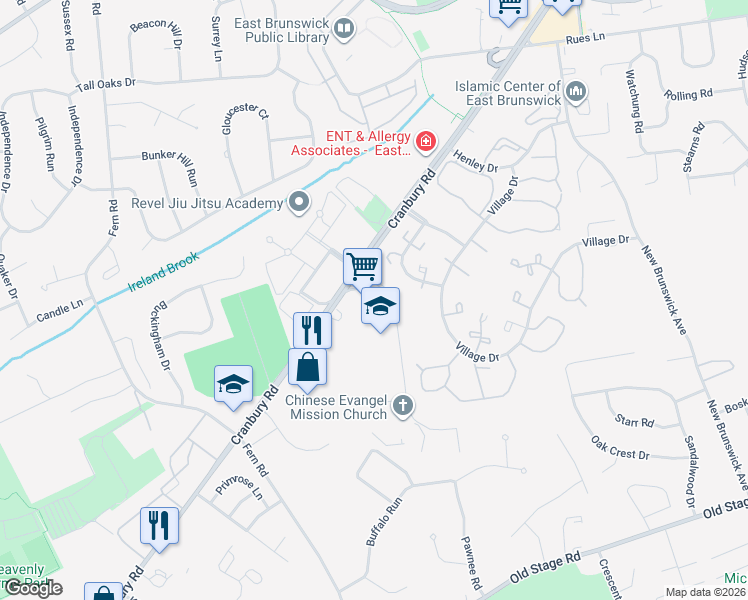 map of restaurants, bars, coffee shops, grocery stores, and more near 3 Lexington Avenue in East Brunswick