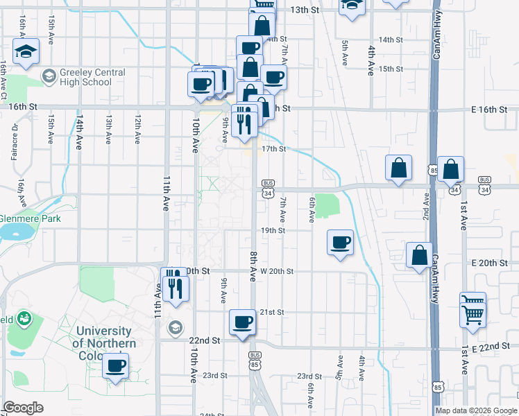 map of restaurants, bars, coffee shops, grocery stores, and more near 1838 8th Avenue in Greeley