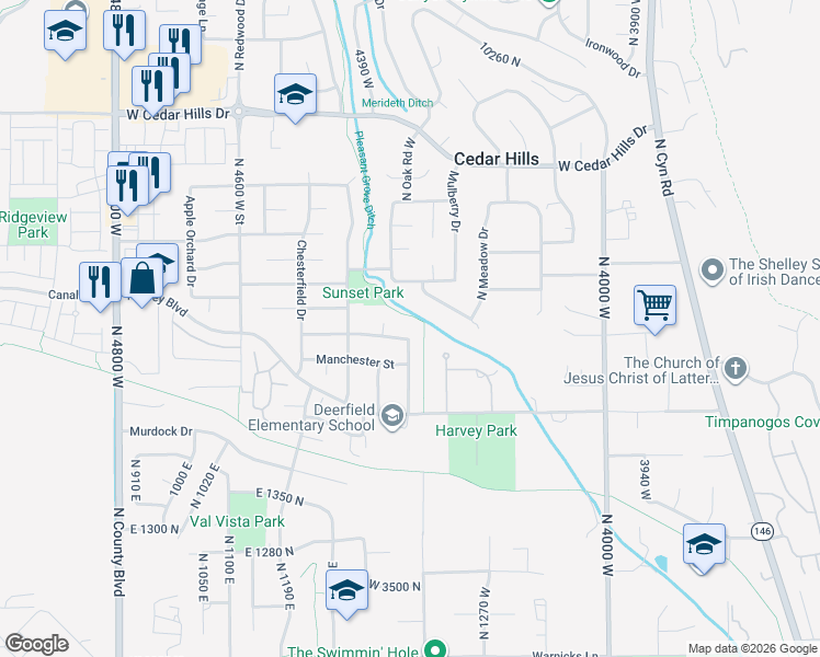 map of restaurants, bars, coffee shops, grocery stores, and more near 9720 Charleston Drive in Cedar Hills
