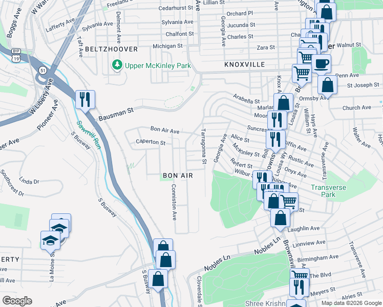 map of restaurants, bars, coffee shops, grocery stores, and more near 223 Camfield Street in Pittsburgh