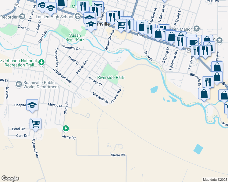 map of restaurants, bars, coffee shops, grocery stores, and more near 5 Upland Street in Susanville