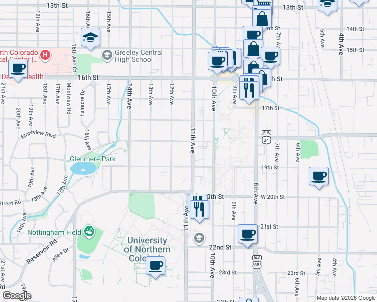 map of restaurants, bars, coffee shops, grocery stores, and more near 1845 11th Avenue in Greeley