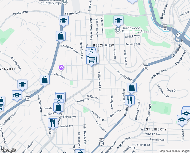 map of restaurants, bars, coffee shops, grocery stores, and more near 1700 Broadway Avenue in Pittsburgh