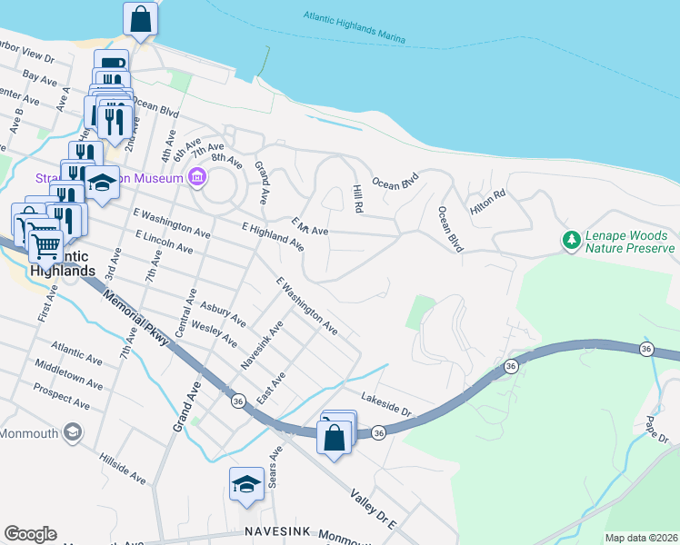 map of restaurants, bars, coffee shops, grocery stores, and more near 3 Victorian Woods Drive in Atlantic Highlands